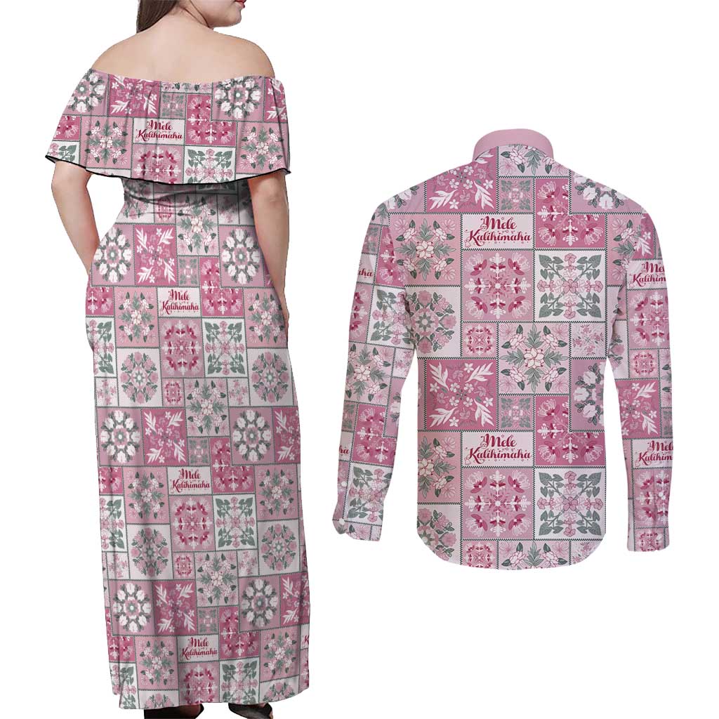 Mele Kalikimaka Hawaii Christmas Couples Matching Off Shoulder Maxi Dress and Long Sleeve Button Shirt Akala Seamless Floral Motif - Polynesian Pride