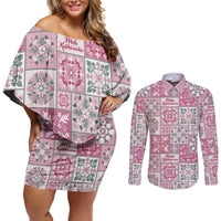 Mele Kalikimaka Hawaii Christmas Couples Matching Off Shoulder Short Dress and Long Sleeve Button Shirt Akala Seamless Floral Motif - Polynesian Pride