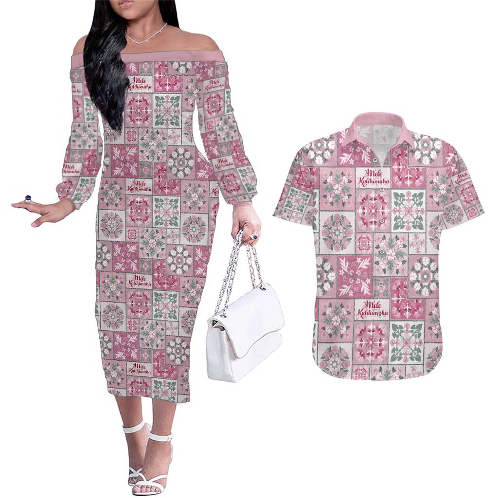 Mele Kalikimaka Hawaii Christmas Couples Matching Off The Shoulder Long Sleeve Dress and Hawaiian Shirt Akala Seamless Floral Motif LT9 Pink - Polynesian Pride