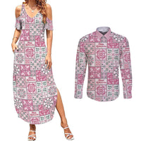 Mele Kalikimaka Hawaii Christmas Couples Matching Summer Maxi Dress and Long Sleeve Button Shirt Akala Seamless Floral Motif - Polynesian Pride