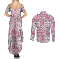 Mele Kalikimaka Hawaii Christmas Couples Matching Summer Maxi Dress and Long Sleeve Button Shirt Akala Seamless Floral Motif - Polynesian Pride