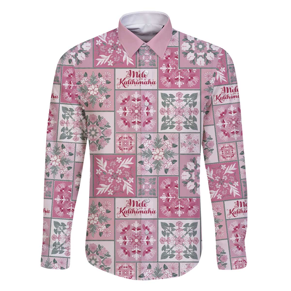 Mele Kalikimaka Hawaii Christmas Family Matching Off The Shoulder Long Sleeve Dress and Hawaiian Shirt Akala Seamless Floral Motif LT9 Dad's Shirt - Long Sleeve Pink - Polynesian Pride