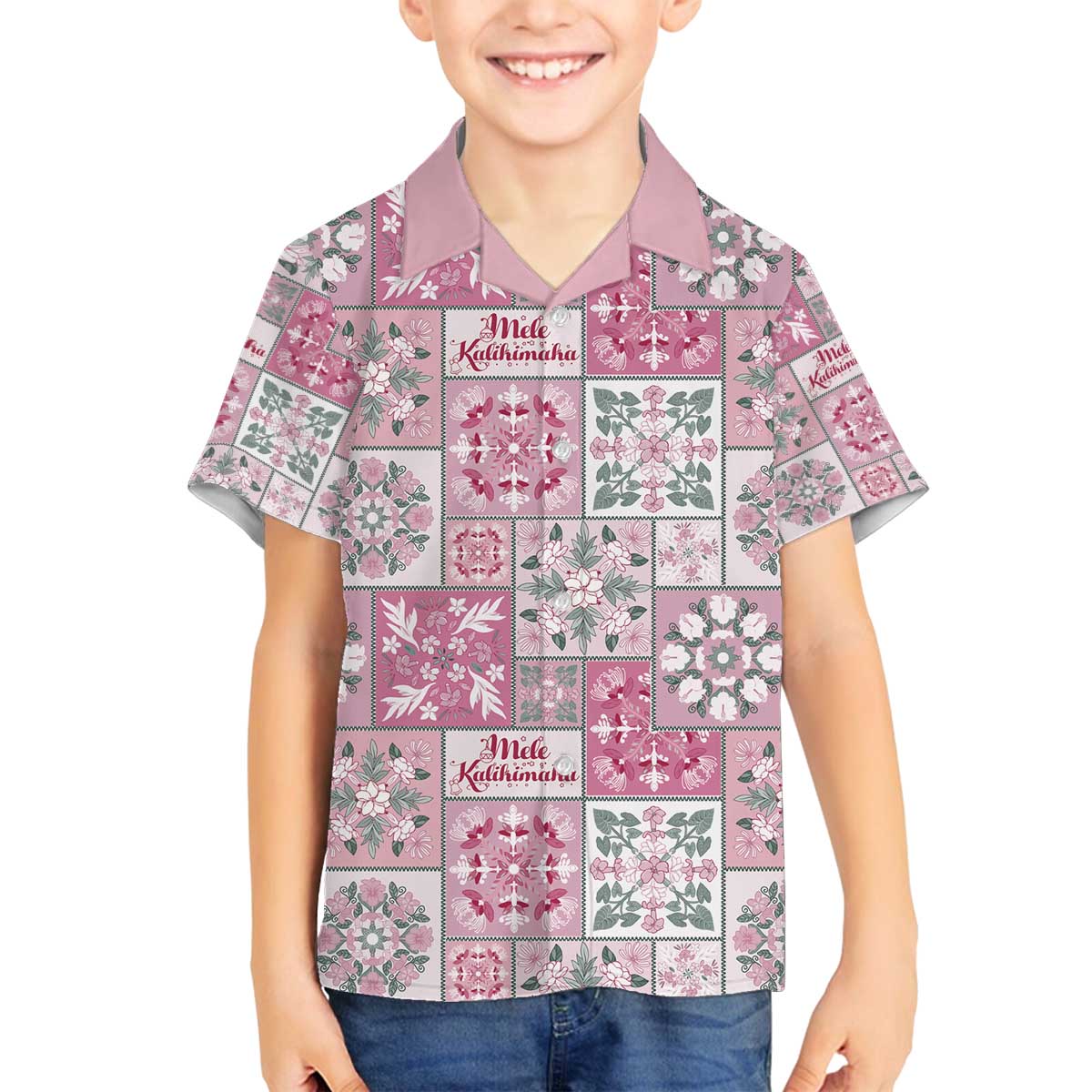 Mele Kalikimaka Hawaii Christmas Family Matching Off The Shoulder Long Sleeve Dress and Hawaiian Shirt Akala Seamless Floral Motif LT9 Son's Shirt Pink - Polynesian Pride