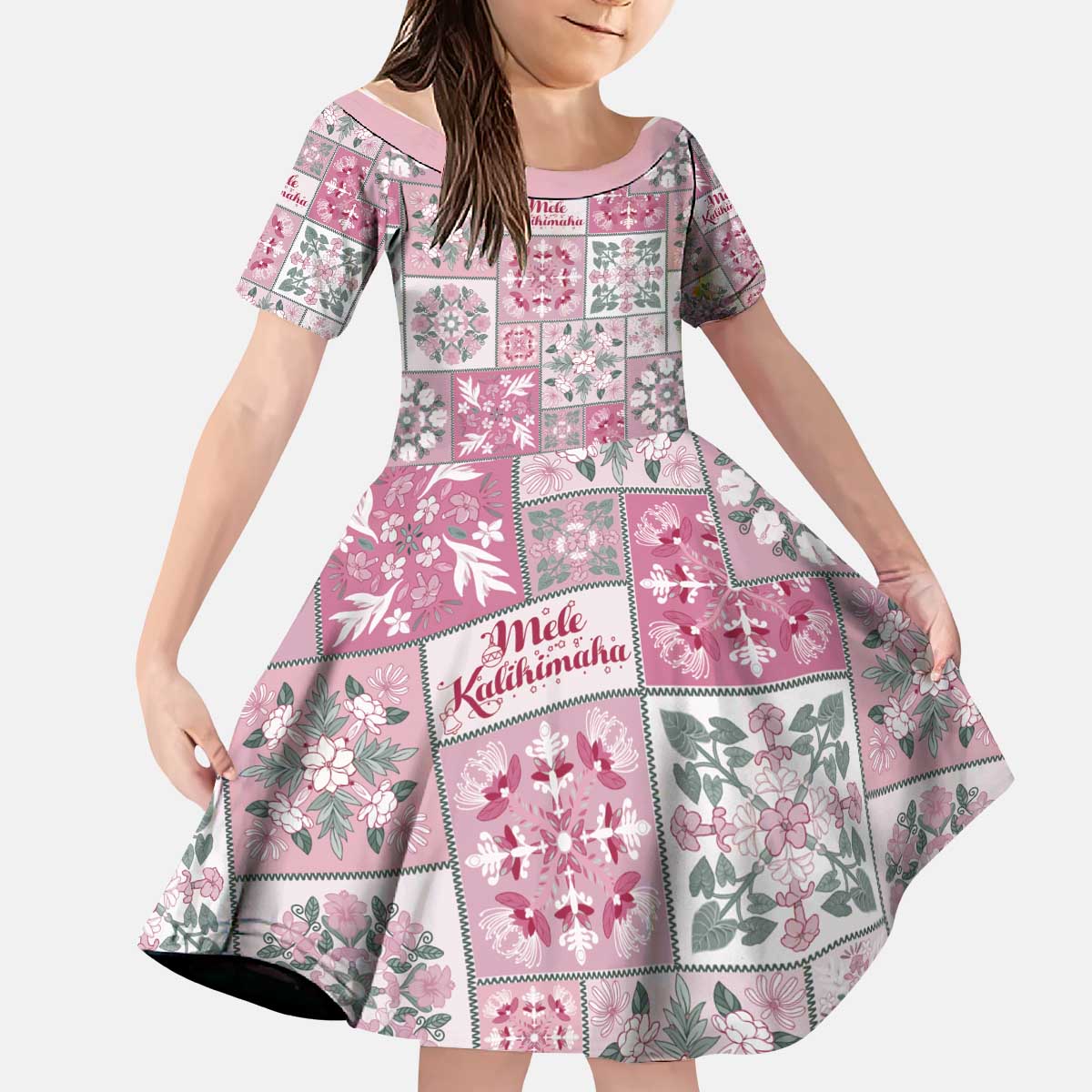 Mele Kalikimaka Hawaii Christmas Kid Short Sleeve Dress Akala Seamless Floral Motif - Polynesian Pride