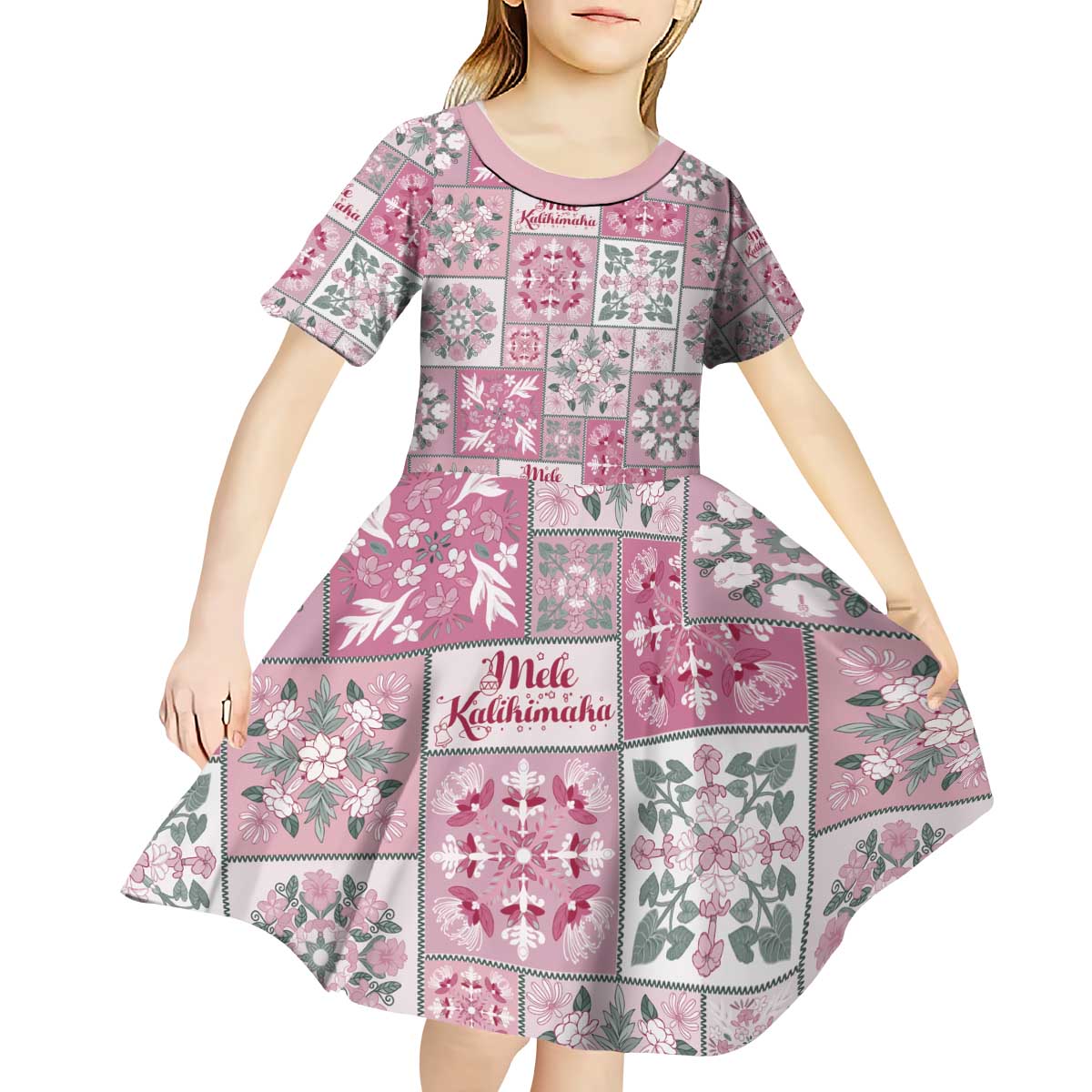 Mele Kalikimaka Hawaii Christmas Kid Short Sleeve Dress Akala Seamless Floral Motif - Polynesian Pride