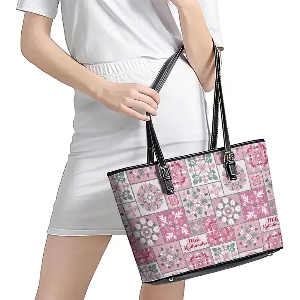 Mele Kalikimaka Hawaii Christmas Leather Tote Bag Akala Seamless Floral Motif - Polynesian Pride