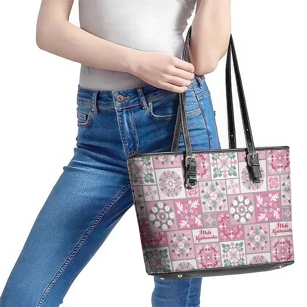 Mele Kalikimaka Hawaii Christmas Leather Tote Bag Akala Seamless Floral Motif - Polynesian Pride