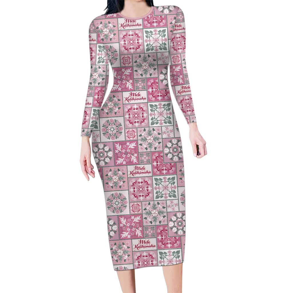 Mele Kalikimaka Hawaii Christmas Long Sleeve Bodycon Dress Akala Seamless Floral Motif - Polynesian Pride