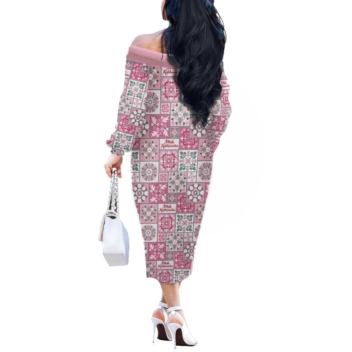 Mele Kalikimaka Hawaii Christmas Off The Shoulder Long Sleeve Dress Akala Seamless Floral Motif - Polynesian Pride