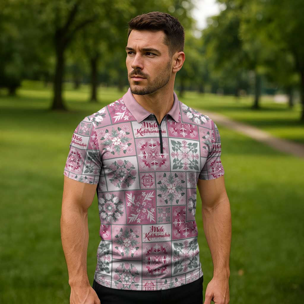 Mele Kalikimaka Hawaii Christmas Zipper Polo Shirt Akala Seamless Floral Motif - Polynesian Pride