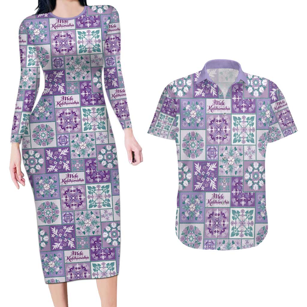 Mele Kalikimaka Hawaii Christmas Couples Matching Long Sleeve Bodycon Dress and Hawaiian Shirt Poni Seamless Floral Motif - Polynesian Pride