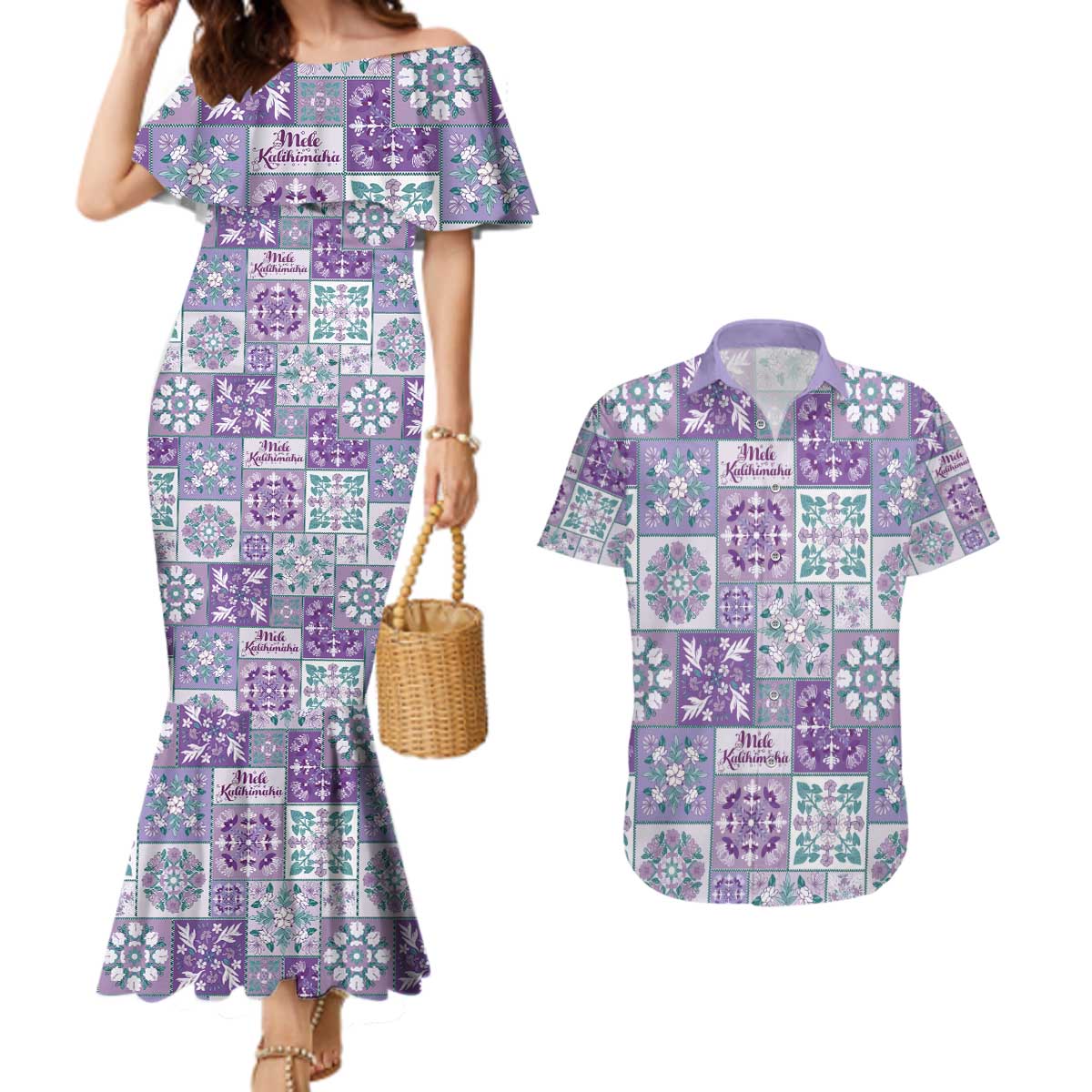 Mele Kalikimaka Hawaii Christmas Couples Matching Mermaid Dress and Hawaiian Shirt Poni Seamless Floral Motif LT9 Purple - Polynesian Pride