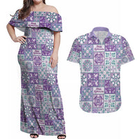 Mele Kalikimaka Hawaii Christmas Couples Matching Off Shoulder Maxi Dress and Hawaiian Shirt Poni Seamless Floral Motif LT9 Purple - Polynesian Pride