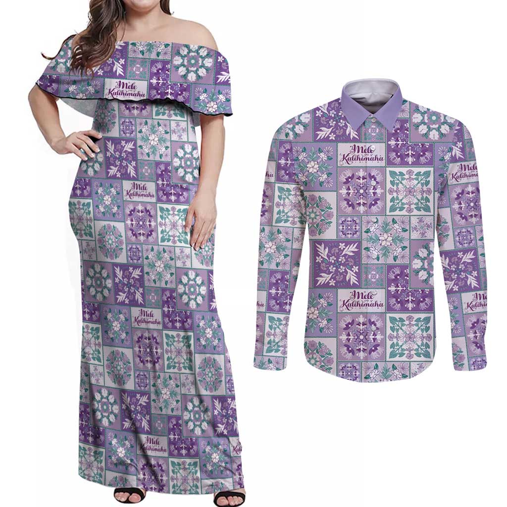 Mele Kalikimaka Hawaii Christmas Couples Matching Off Shoulder Maxi Dress and Long Sleeve Button Shirt Poni Seamless Floral Motif - Polynesian Pride