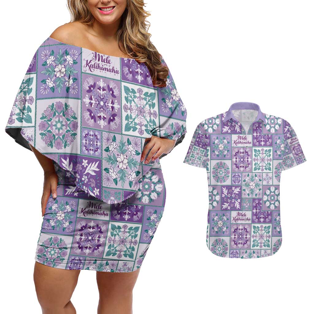 Mele Kalikimaka Hawaii Christmas Couples Matching Off Shoulder Short Dress and Hawaiian Shirt Poni Seamless Floral Motif - Polynesian Pride