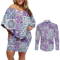 Mele Kalikimaka Hawaii Christmas Couples Matching Off Shoulder Short Dress and Long Sleeve Button Shirt Poni Seamless Floral Motif LT9 Purple - Polynesian Pride