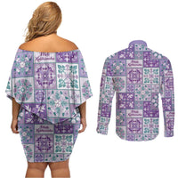 Mele Kalikimaka Hawaii Christmas Couples Matching Off Shoulder Short Dress and Long Sleeve Button Shirt Poni Seamless Floral Motif LT9 - Polynesian Pride