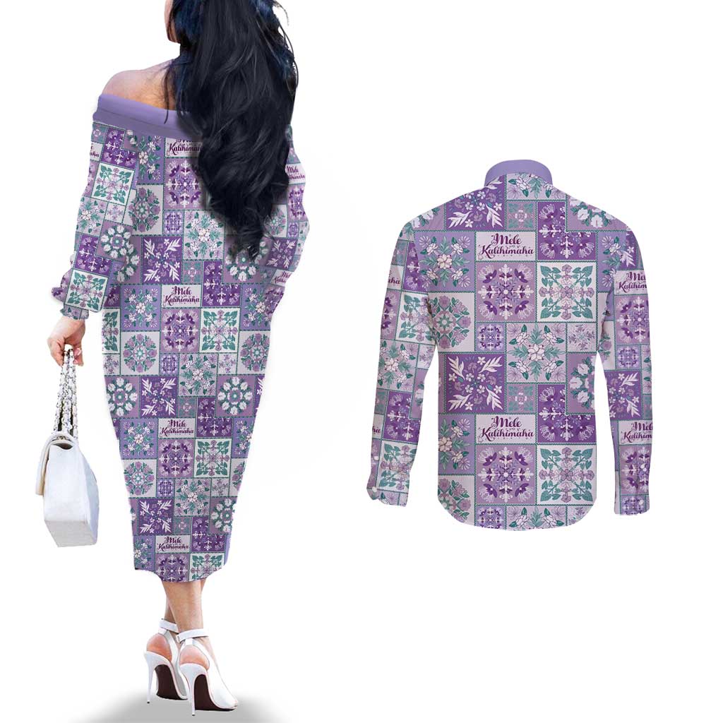 Mele Kalikimaka Hawaii Christmas Couples Matching Off The Shoulder Long Sleeve Dress and Long Sleeve Button Shirt Poni Seamless Floral Motif LT9 - Polynesian Pride