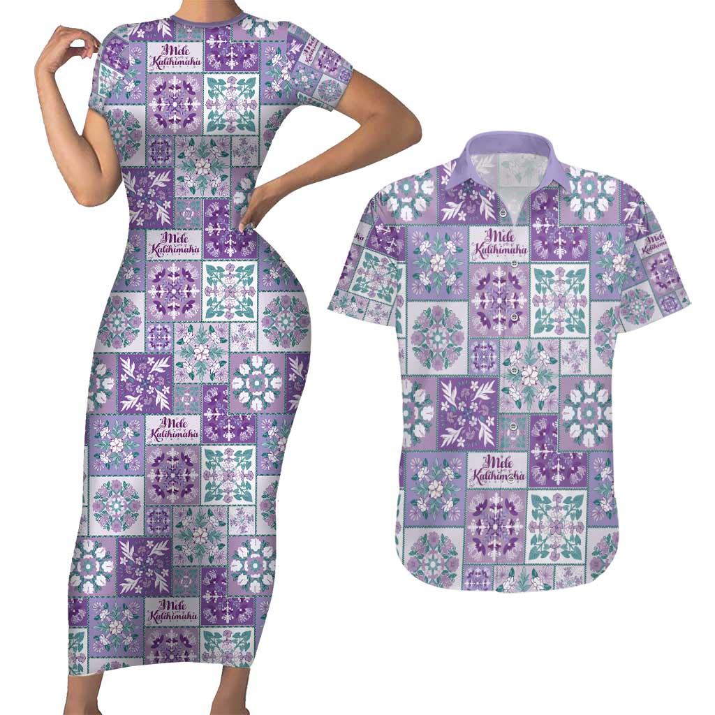 Mele Kalikimaka Hawaii Christmas Couples Matching Short Sleeve Bodycon Dress and Hawaiian Shirt Poni Seamless Floral Motif LT9 Purple - Polynesian Pride