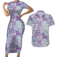 Mele Kalikimaka Hawaii Christmas Couples Matching Short Sleeve Bodycon Dress and Hawaiian Shirt Poni Seamless Floral Motif LT9 Purple - Polynesian Pride