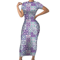 Mele Kalikimaka Hawaii Christmas Family Matching Short Sleeve Bodycon Dress and Hawaiian Shirt Poni Seamless Floral Motif LT9 Mom's Dress Purple - Polynesian Pride