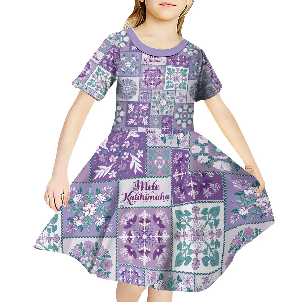Mele Kalikimaka Hawaii Christmas Kid Short Sleeve Dress Poni Seamless Floral Motif - Polynesian Pride