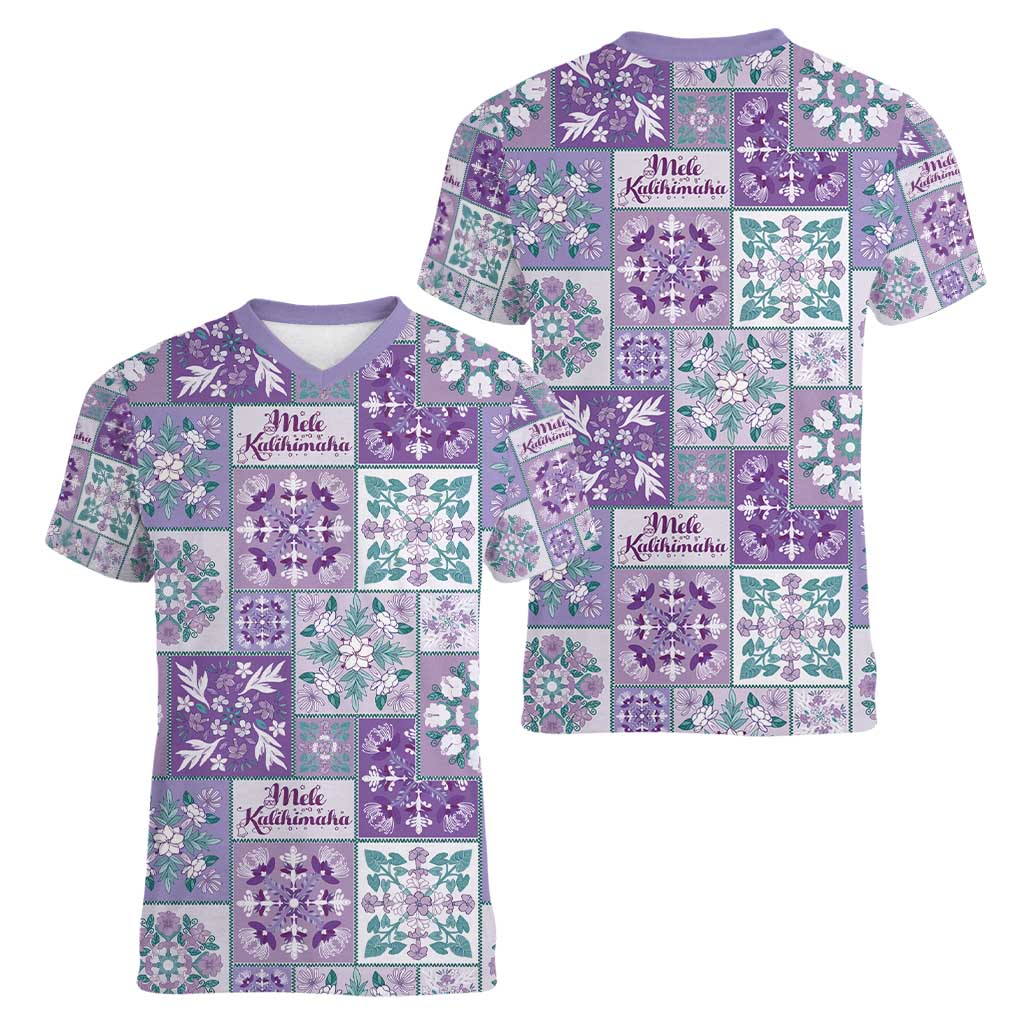 Mele Kalikimaka Hawaii Christmas Women V-Neck T-Shirt Poni Seamless Floral Motif LT9 - Polynesian Pride