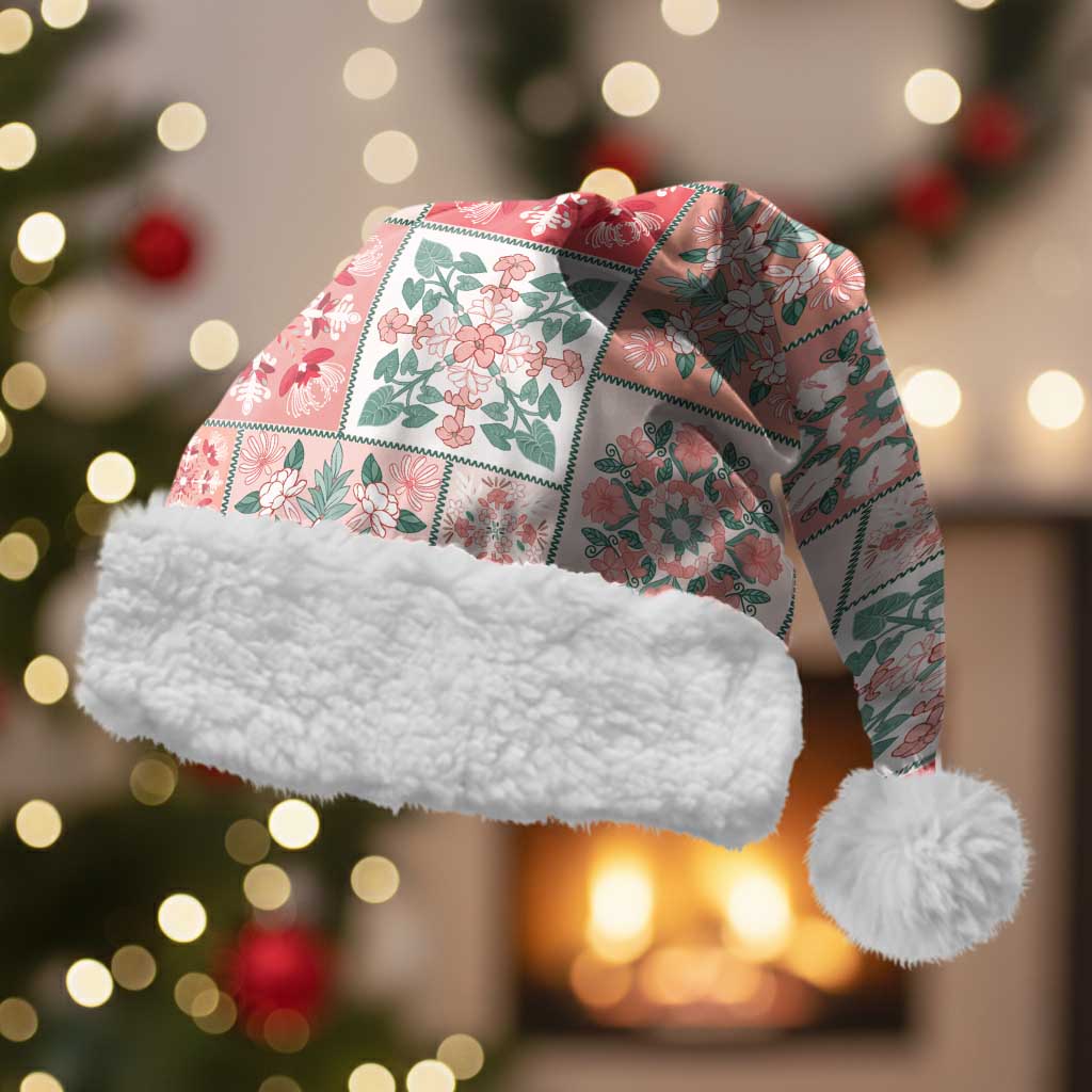 Mele Kalikimaka Hawaii Christmas Santa Hat Ulaula Seamless Floral Motif - Polynesian Pride