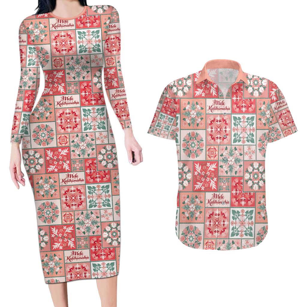 Mele Kalikimaka Hawaii Christmas Couples Matching Long Sleeve Bodycon Dress and Hawaiian Shirt Ulaula Seamless Floral Motif LT9 Red - Polynesian Pride
