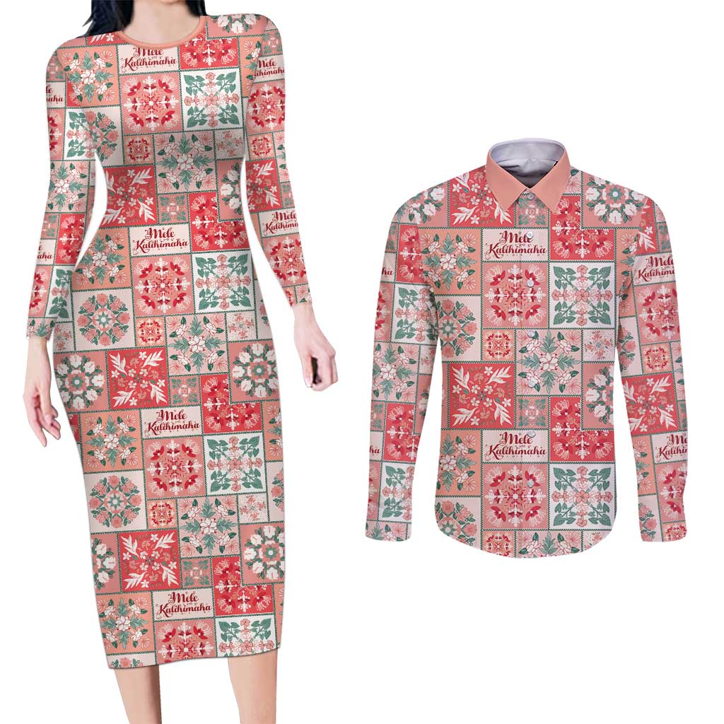 Mele Kalikimaka Hawaii Christmas Couples Matching Long Sleeve Bodycon Dress and Long Sleeve Button Shirt Ulaula Seamless Floral Motif - Polynesian Pride