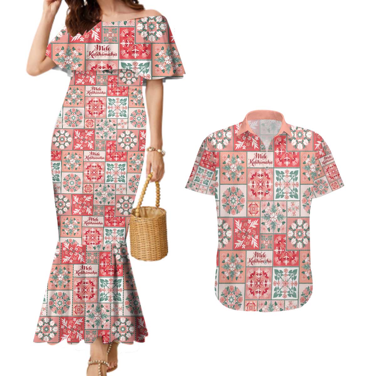 Mele Kalikimaka Hawaii Christmas Couples Matching Mermaid Dress and Hawaiian Shirt Ulaula Seamless Floral Motif - Polynesian Pride
