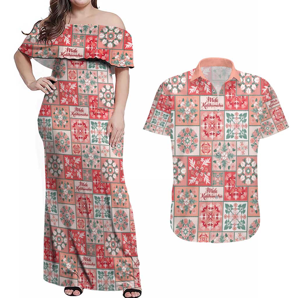 Mele Kalikimaka Hawaii Christmas Couples Matching Off Shoulder Maxi Dress and Hawaiian Shirt Ulaula Seamless Floral Motif LT9 Red - Polynesian Pride