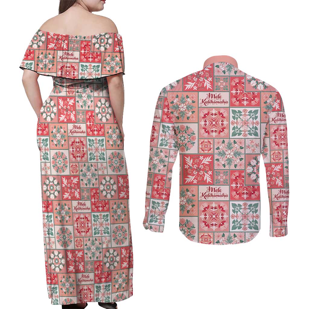 Mele Kalikimaka Hawaii Christmas Couples Matching Off Shoulder Maxi Dress and Long Sleeve Button Shirt Ulaula Seamless Floral Motif - Polynesian Pride
