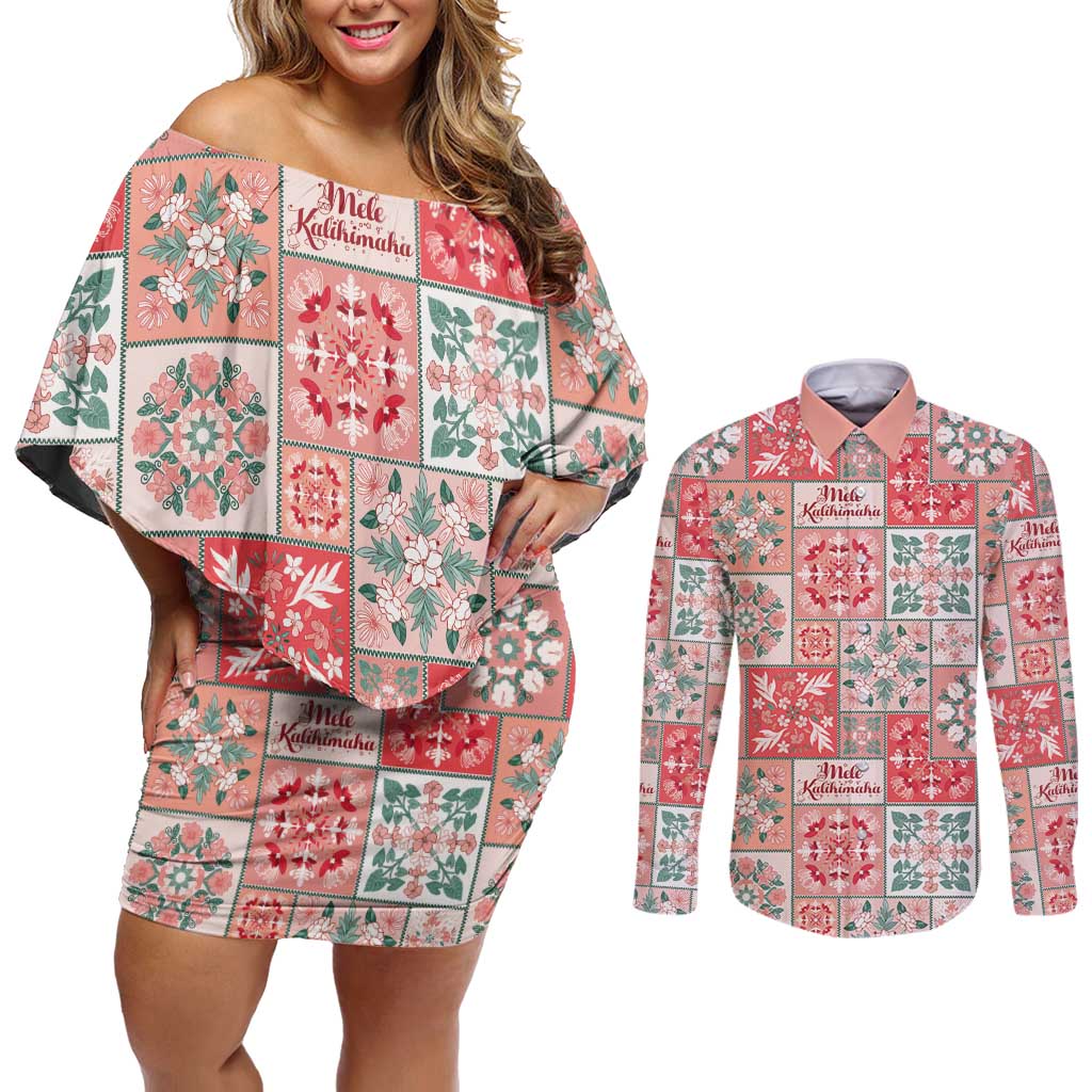 Mele Kalikimaka Hawaii Christmas Couples Matching Off Shoulder Short Dress and Long Sleeve Button Shirt Ulaula Seamless Floral Motif LT9 Red - Polynesian Pride