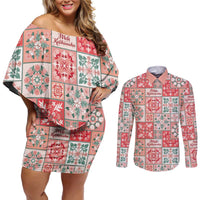 Mele Kalikimaka Hawaii Christmas Couples Matching Off Shoulder Short Dress and Long Sleeve Button Shirt Ulaula Seamless Floral Motif LT9 Red - Polynesian Pride