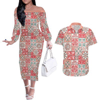 Mele Kalikimaka Hawaii Christmas Couples Matching Off The Shoulder Long Sleeve Dress and Hawaiian Shirt Ulaula Seamless Floral Motif LT9 Red - Polynesian Pride