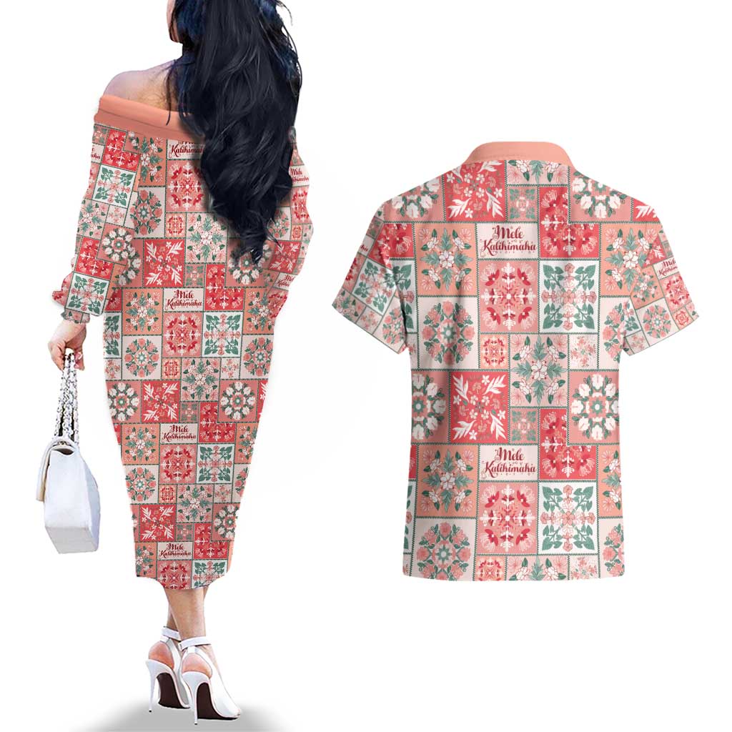 Mele Kalikimaka Hawaii Christmas Couples Matching Off The Shoulder Long Sleeve Dress and Hawaiian Shirt Ulaula Seamless Floral Motif LT9 - Polynesian Pride