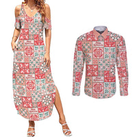 Mele Kalikimaka Hawaii Christmas Couples Matching Summer Maxi Dress and Long Sleeve Button Shirt Ulaula Seamless Floral Motif - Polynesian Pride