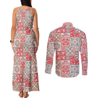 Mele Kalikimaka Hawaii Christmas Couples Matching Tank Maxi Dress and Long Sleeve Button Shirt Ulaula Seamless Floral Motif LT9 - Polynesian Pride