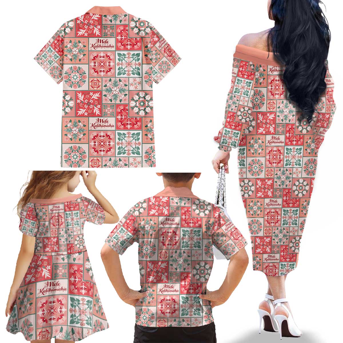 Mele Kalikimaka Hawaii Christmas Family Matching Off The Shoulder Long Sleeve Dress and Hawaiian Shirt Ulaula Seamless Floral Motif LT9 - Polynesian Pride