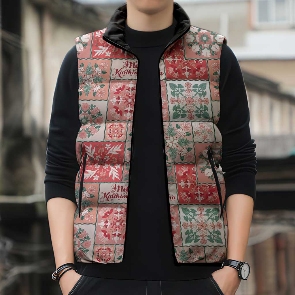 Mele Kalikimaka Hawaii Christmas Sleeveless Puffer Jacket Ulaula Seamless Floral Motif - Polynesian Pride
