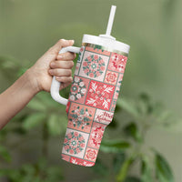 Mele Kalikimaka Hawaii Christmas Tumbler With Handle Ulaula Seamless Floral Motif - Polynesian Pride