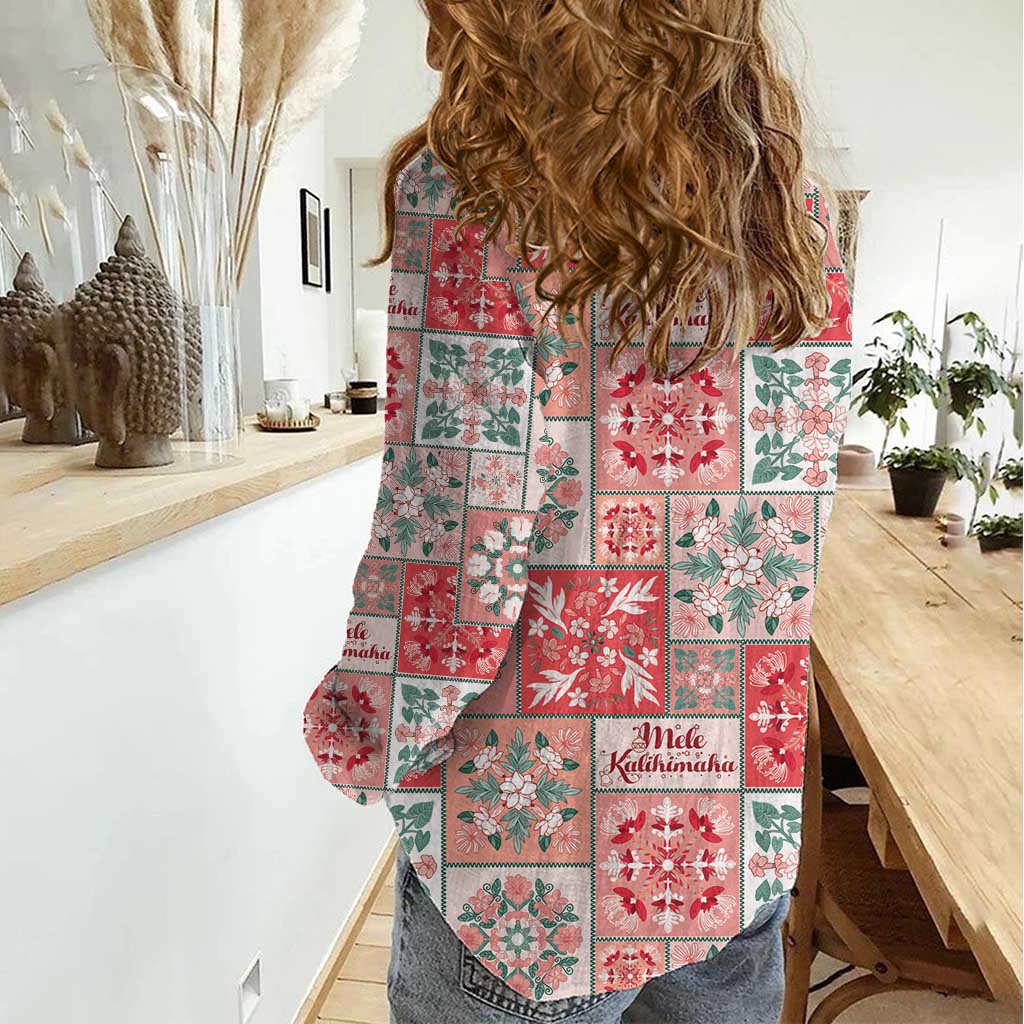 Mele Kalikimaka Hawaii Christmas Women Casual Shirt Ulaula Seamless Floral Motif - Polynesian Pride