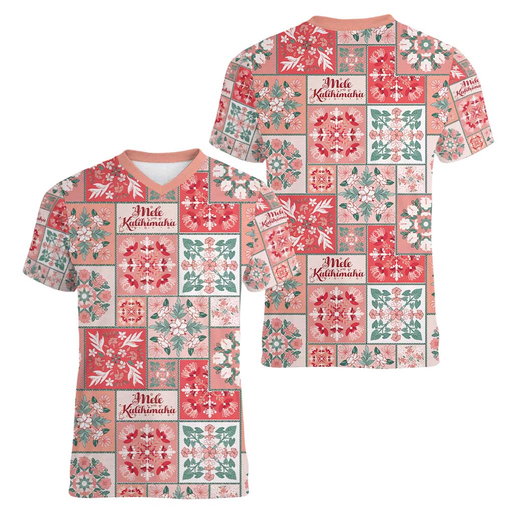 Mele Kalikimaka Hawaii Christmas Women V-Neck T-Shirt Ulaula Seamless Floral Motif LT9 - Polynesian Pride