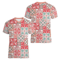 Mele Kalikimaka Hawaii Christmas Women V-Neck T-Shirt Ulaula Seamless Floral Motif LT9 - Polynesian Pride