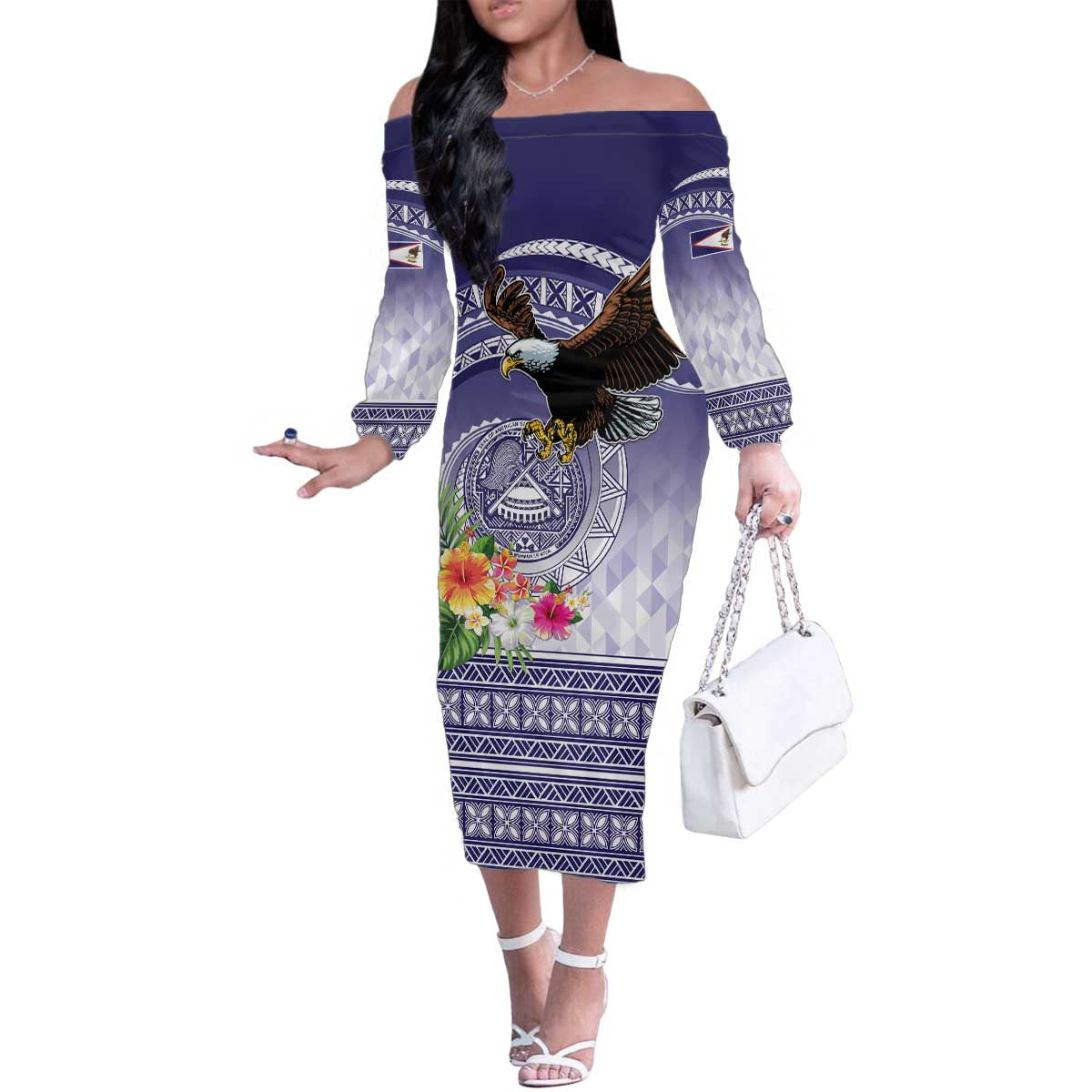 American Samoa Bald Eagle Family Matching Off The Shoulder Long Sleeve Dress and Hawaiian Shirt Polynesian Tropical Flowers