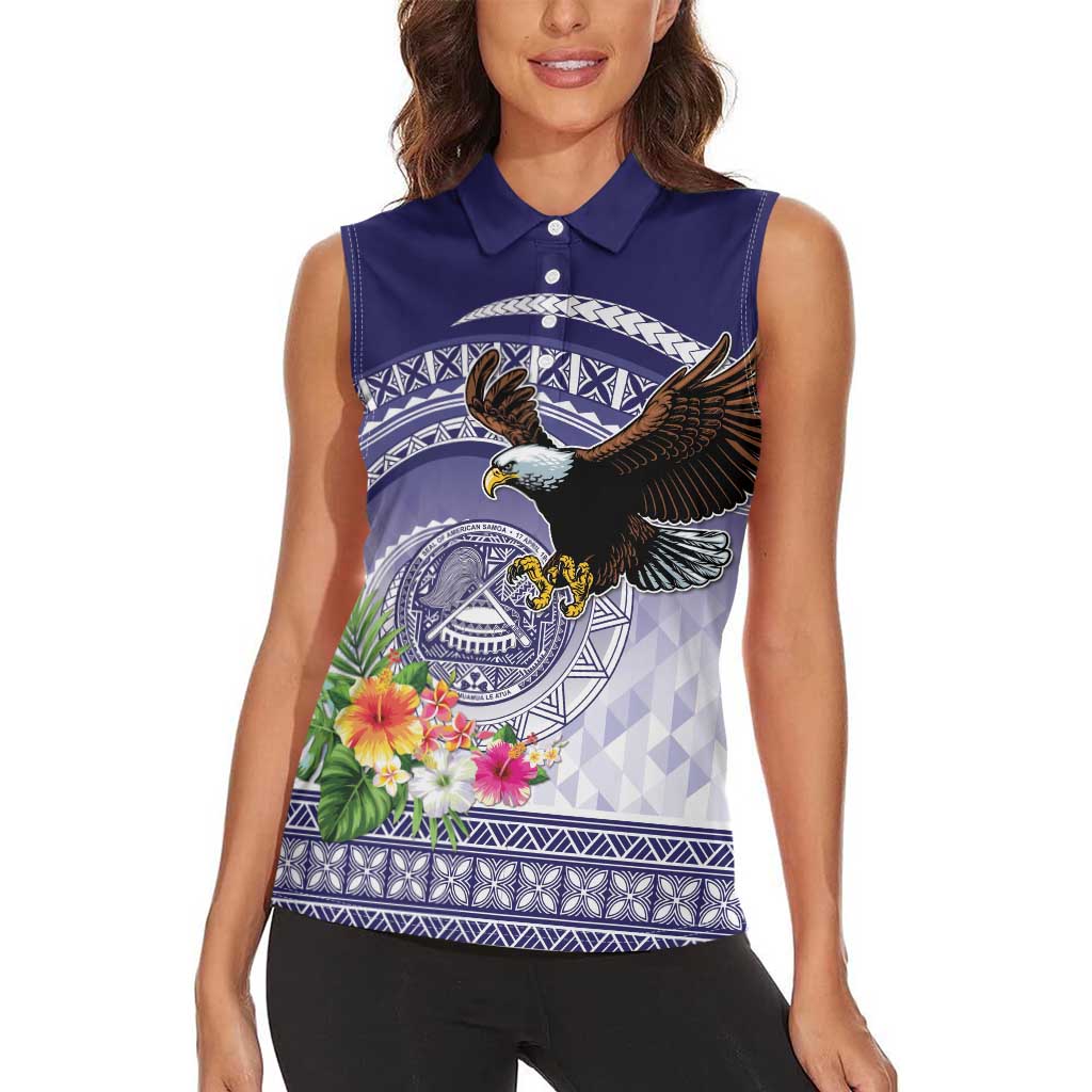 American Samoa Bald Eagle Women Sleeveless Polo Shirt Polynesian Tropical Flowers