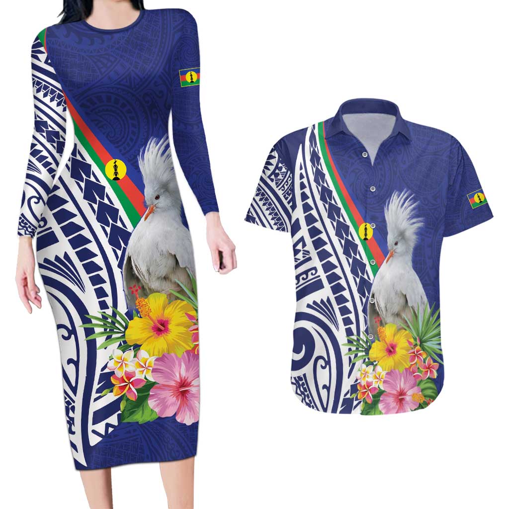 New Caledonia Kagu Bird Couples Matching Long Sleeve Bodycon Dress and Hawaiian Shirt Polynesian Tropical Flowers LT9 Blue - Polynesian Pride