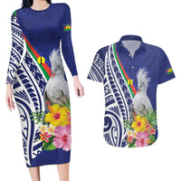 New Caledonia Kagu Bird Couples Matching Long Sleeve Bodycon Dress and Hawaiian Shirt Polynesian Tropical Flowers LT9 Blue - Polynesian Pride
