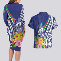 New Caledonia Kagu Bird Couples Matching Long Sleeve Bodycon Dress and Hawaiian Shirt Polynesian Tropical Flowers LT9 - Polynesian Pride